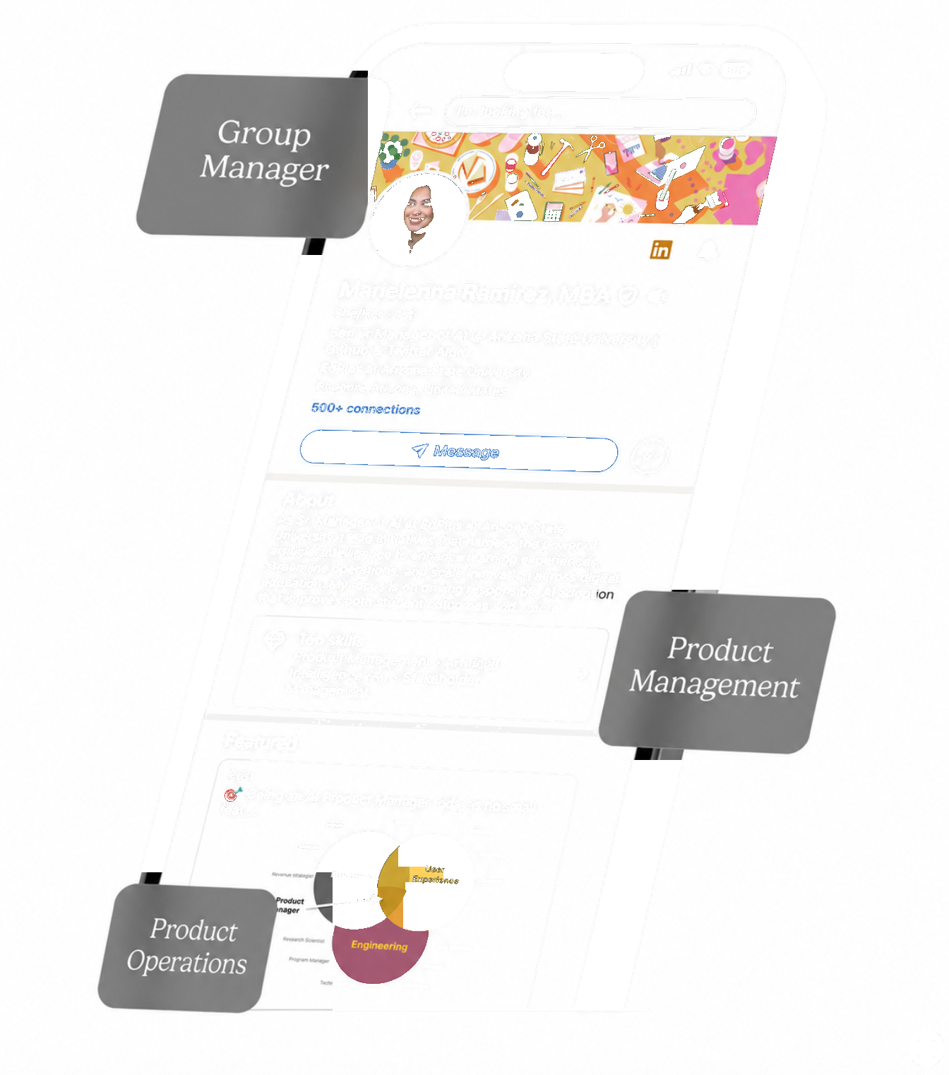 Mary Ramirez's LinkedIn profile shown on a phone, tagged Group Manager, Product Management, and Product Operations