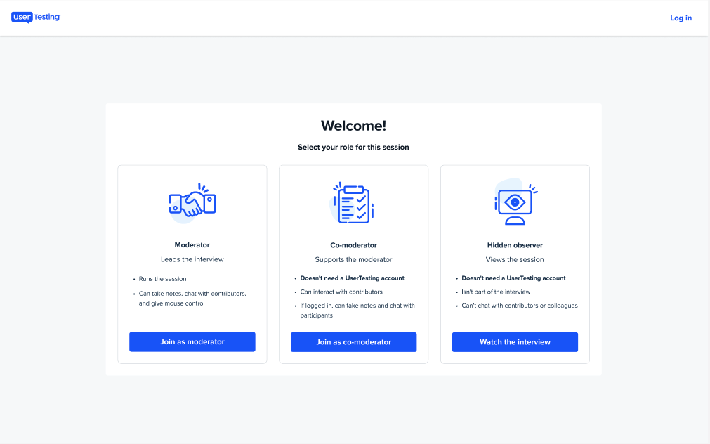 UserTesting live conversation — Choose your role screen: Moderator, Co-moderator, or Hidden observer for a research session.